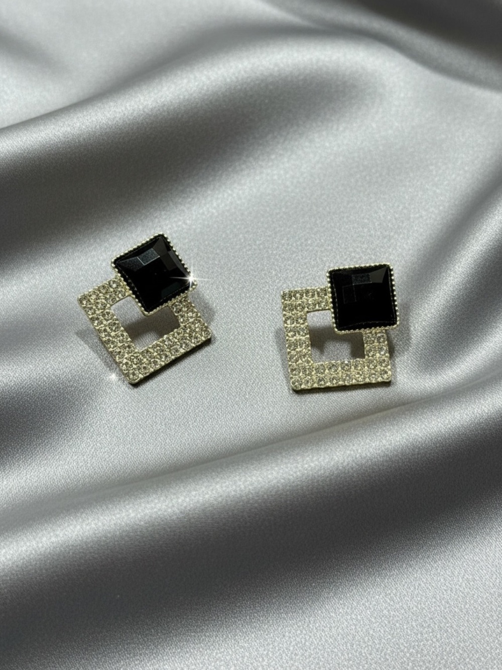 14k Gold Plated Black & Gold Cubic Zoe Square Stud Earrings - Women Jewelry